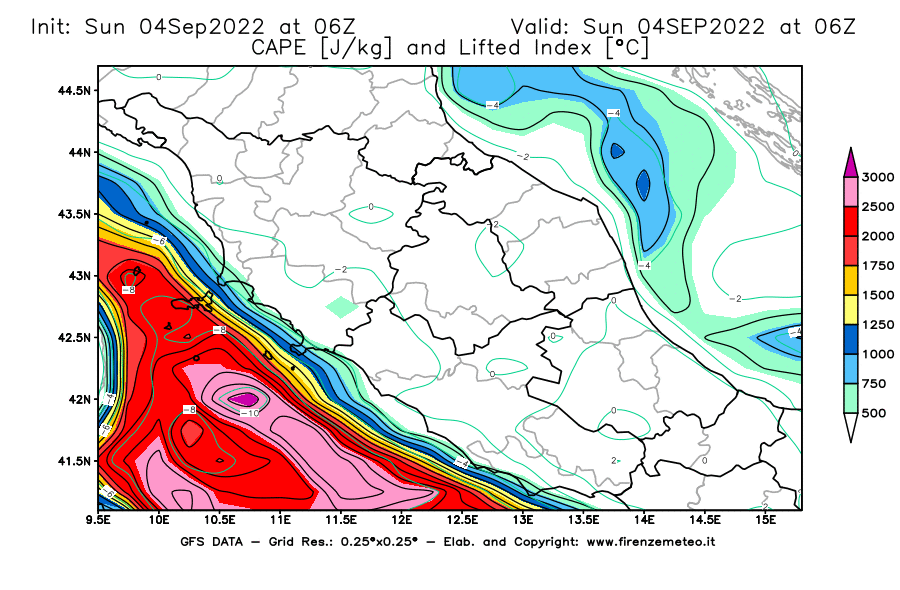 Mappa di analisi GFS - CAPE [J/kg] e Lifted Index [°C] in Centro-Italia
							del 04/09/2022 06 <!--googleoff: index-->UTC<!--googleon: index-->