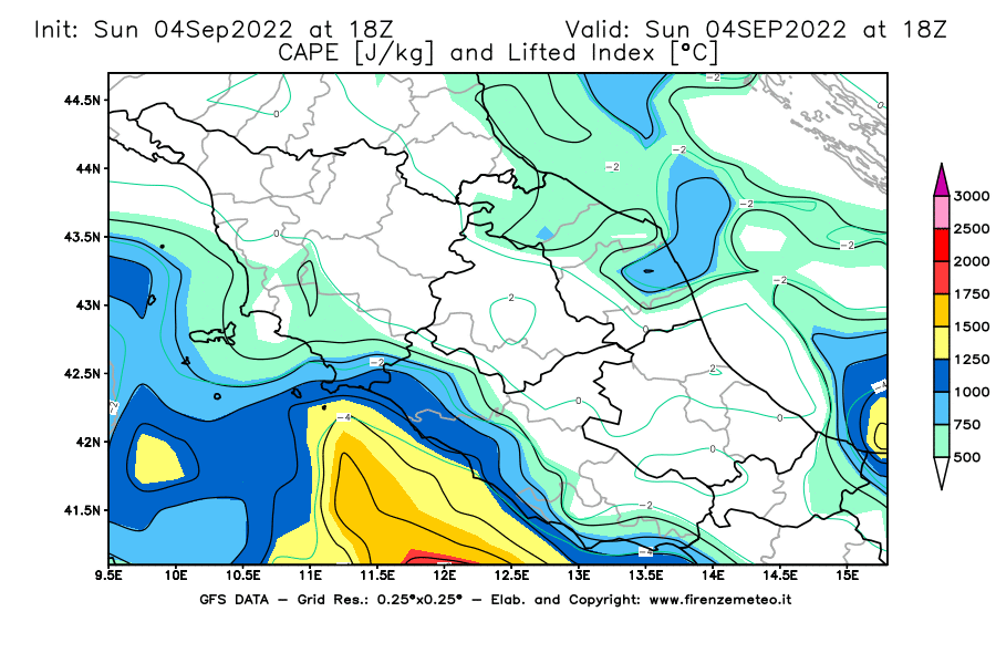 Mappa di analisi GFS - CAPE [J/kg] e Lifted Index [°C] in Centro-Italia
							del 04/09/2022 18 <!--googleoff: index-->UTC<!--googleon: index-->