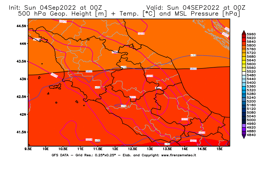 Mappa di analisi GFS - Geopotenziale [m] + Temp. [°C] a 500 hPa + Press. a livello del mare [hPa] in Centro-Italia
							del 04/09/2022 00 <!--googleoff: index-->UTC<!--googleon: index-->