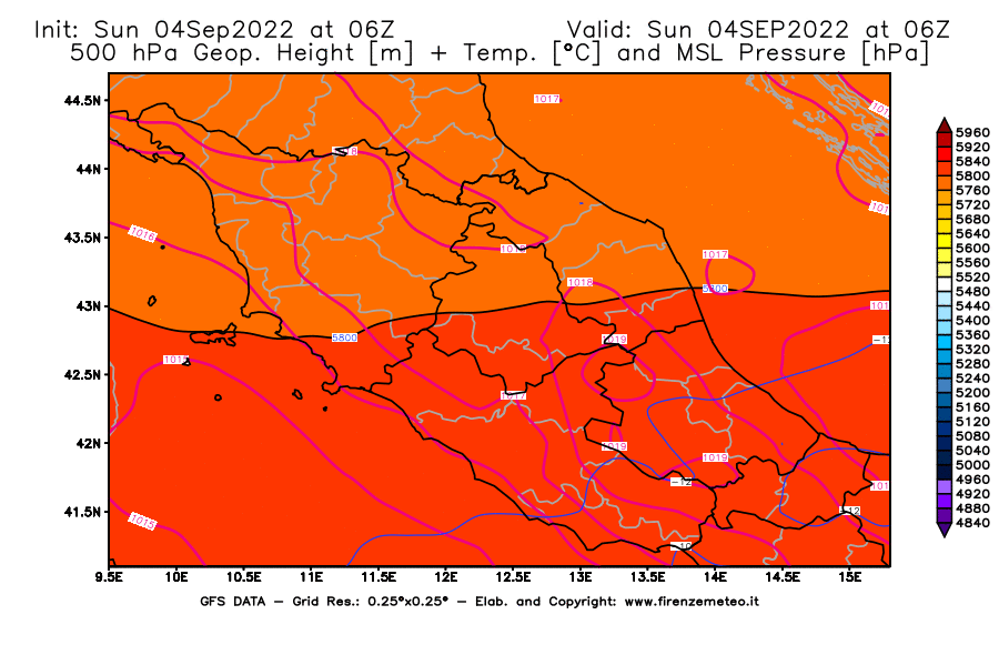 Mappa di analisi GFS - Geopotenziale [m] + Temp. [°C] a 500 hPa + Press. a livello del mare [hPa] in Centro-Italia
							del 04/09/2022 06 <!--googleoff: index-->UTC<!--googleon: index-->