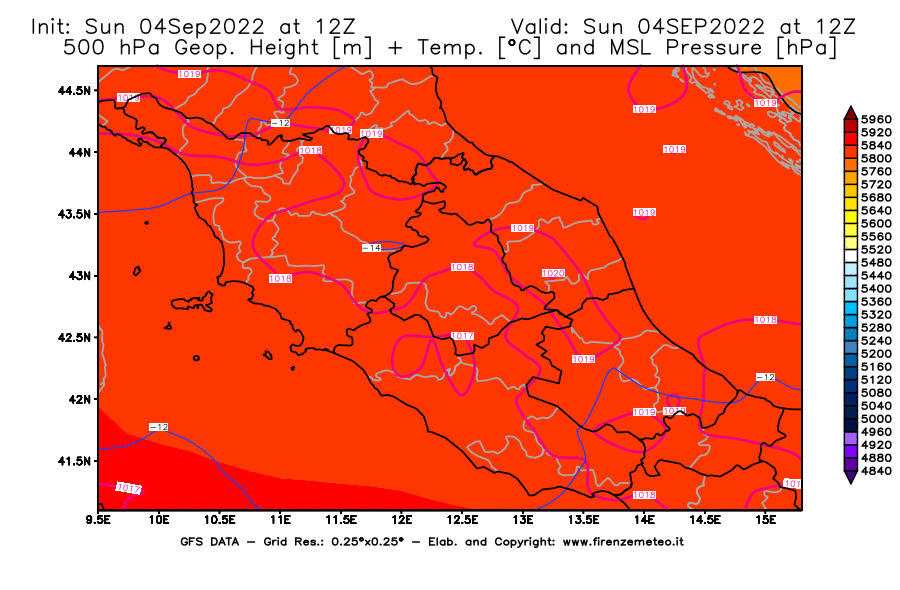 Mappa di analisi GFS - Geopotenziale [m] + Temp. [°C] a 500 hPa + Press. a livello del mare [hPa] in Centro-Italia
							del 04/09/2022 12 <!--googleoff: index-->UTC<!--googleon: index-->