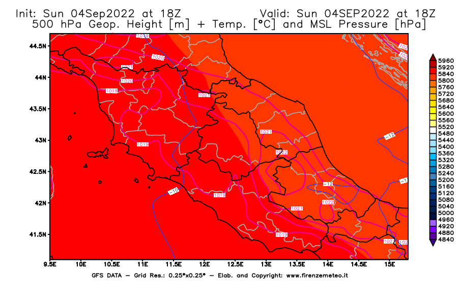 Mappa di analisi GFS - Geopotenziale [m] + Temp. [°C] a 500 hPa + Press. a livello del mare [hPa] in Centro-Italia
							del 04/09/2022 18 <!--googleoff: index-->UTC<!--googleon: index-->