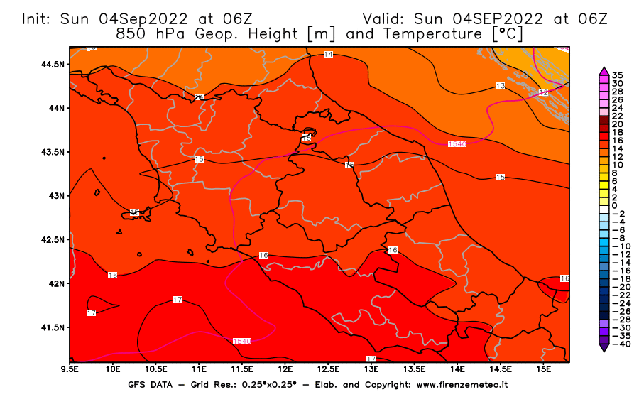 Mappa di analisi GFS - Geopotenziale [m] e Temperatura [°C] a 850 hPa in Centro-Italia
							del 04/09/2022 06 <!--googleoff: index-->UTC<!--googleon: index-->