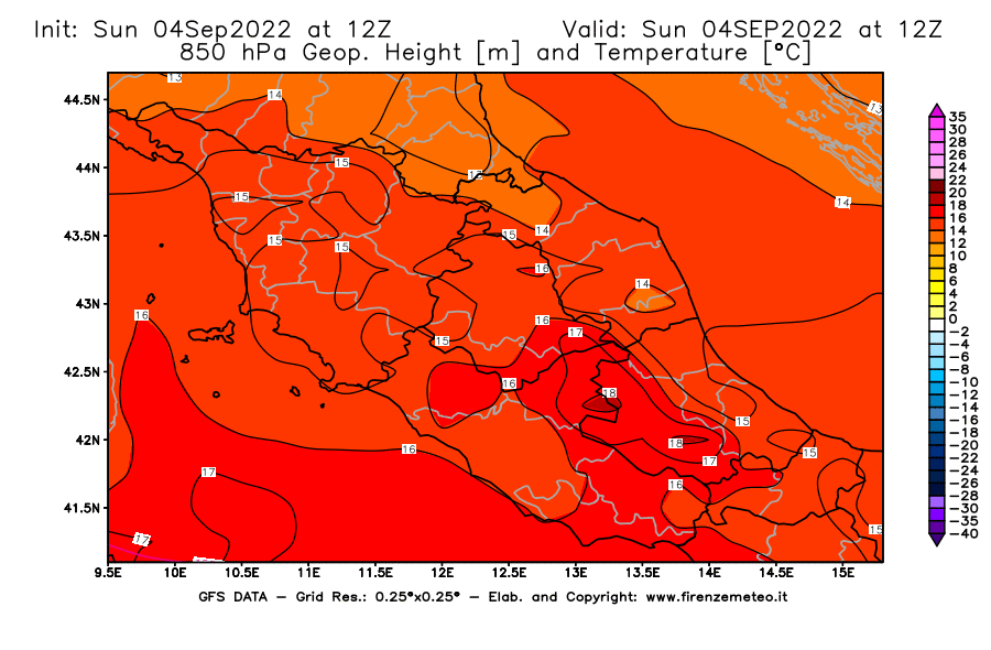 Mappa di analisi GFS - Geopotenziale [m] e Temperatura [°C] a 850 hPa in Centro-Italia
							del 04/09/2022 12 <!--googleoff: index-->UTC<!--googleon: index-->