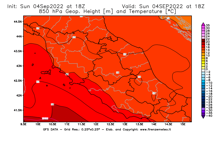 Mappa di analisi GFS - Geopotenziale [m] e Temperatura [°C] a 850 hPa in Centro-Italia
							del 04/09/2022 18 <!--googleoff: index-->UTC<!--googleon: index-->