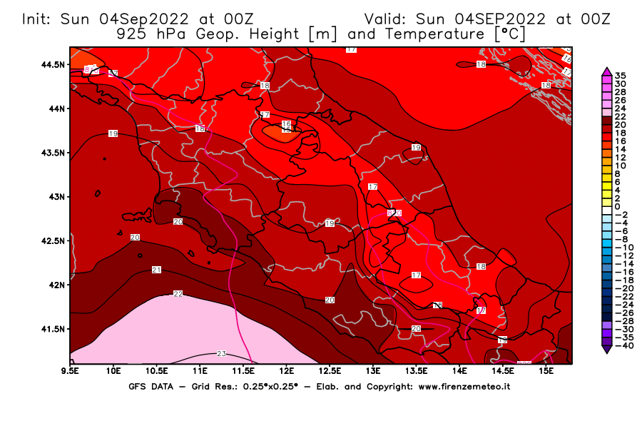 Mappa di analisi GFS - Geopotenziale [m] e Temperatura [°C] a 925 hPa in Centro-Italia
							del 04/09/2022 00 <!--googleoff: index-->UTC<!--googleon: index-->