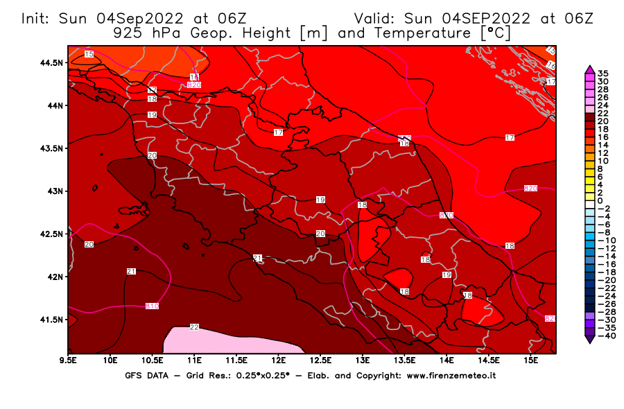 Mappa di analisi GFS - Geopotenziale [m] e Temperatura [°C] a 925 hPa in Centro-Italia
							del 04/09/2022 06 <!--googleoff: index-->UTC<!--googleon: index-->