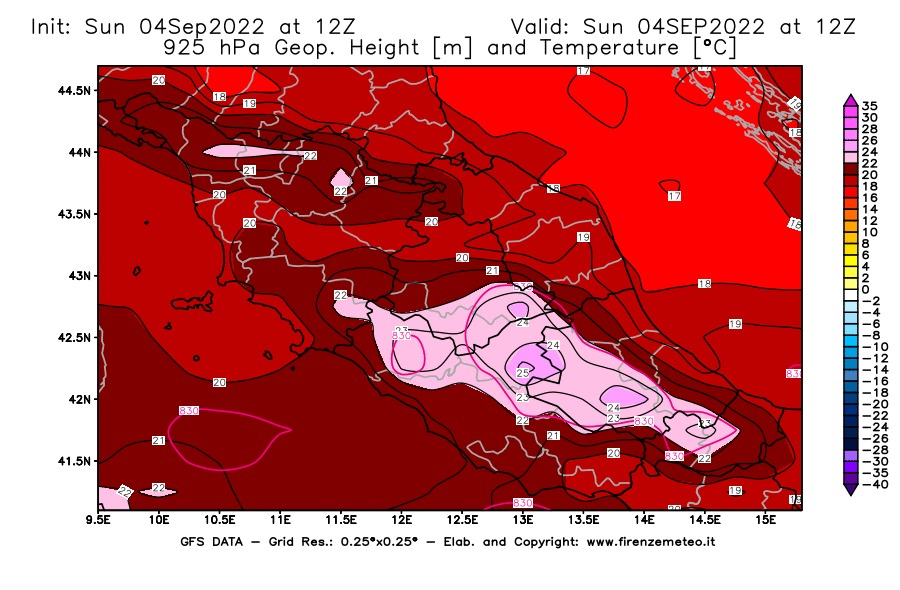 Mappa di analisi GFS - Geopotenziale [m] e Temperatura [°C] a 925 hPa in Centro-Italia
							del 04/09/2022 12 <!--googleoff: index-->UTC<!--googleon: index-->