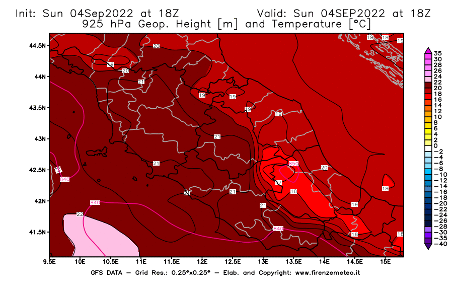 Mappa di analisi GFS - Geopotenziale [m] e Temperatura [°C] a 925 hPa in Centro-Italia
							del 04/09/2022 18 <!--googleoff: index-->UTC<!--googleon: index-->