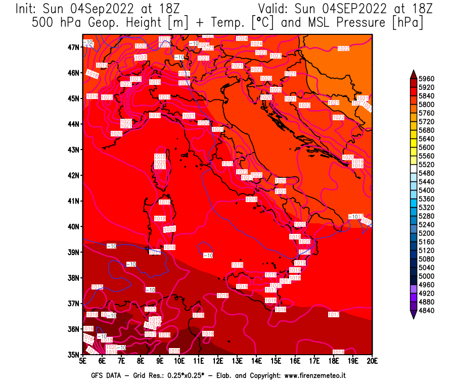 Mappa di analisi GFS - Geopotenziale [m] + Temp. [°C] a 500 hPa + Press. a livello del mare [hPa] in Italia
							del 04/09/2022 18 <!--googleoff: index-->UTC<!--googleon: index-->