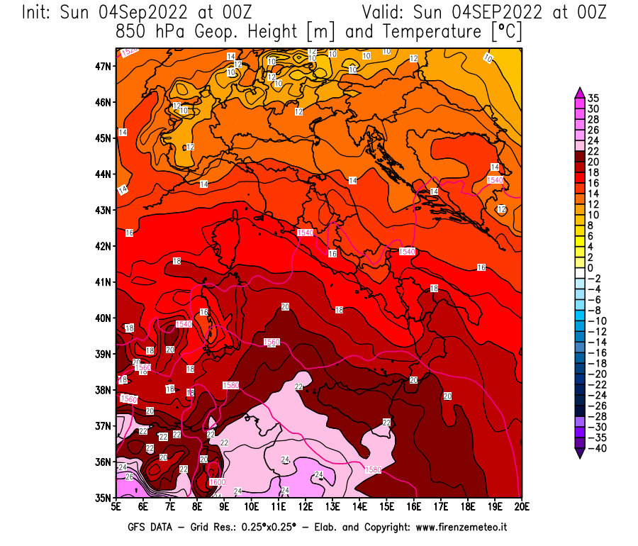 Mappa di analisi GFS - Geopotenziale [m] e Temperatura [°C] a 850 hPa in Italia
							del 04/09/2022 00 <!--googleoff: index-->UTC<!--googleon: index-->