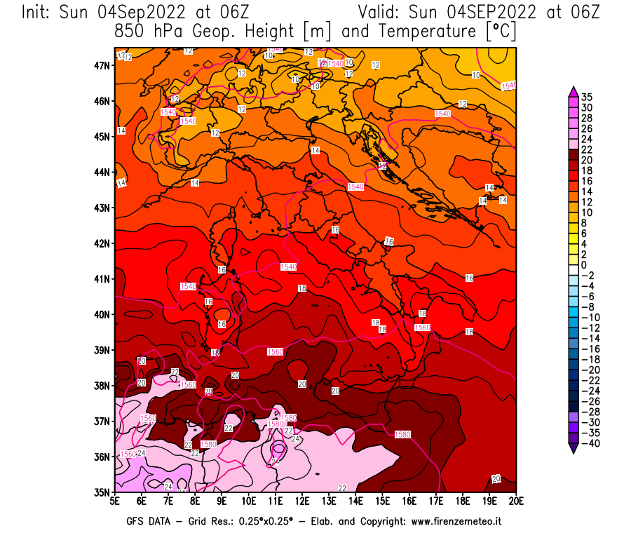 Mappa di analisi GFS - Geopotenziale [m] e Temperatura [°C] a 850 hPa in Italia
							del 04/09/2022 06 <!--googleoff: index-->UTC<!--googleon: index-->