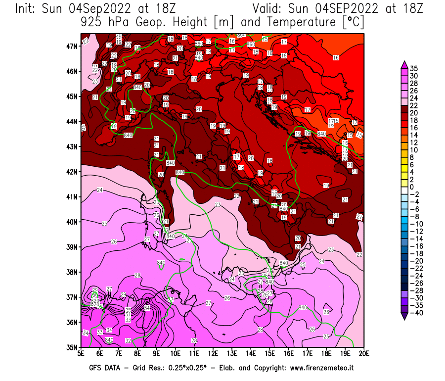 Mappa di analisi GFS - Geopotenziale [m] e Temperatura [°C] a 925 hPa in Italia
							del 04/09/2022 18 <!--googleoff: index-->UTC<!--googleon: index-->