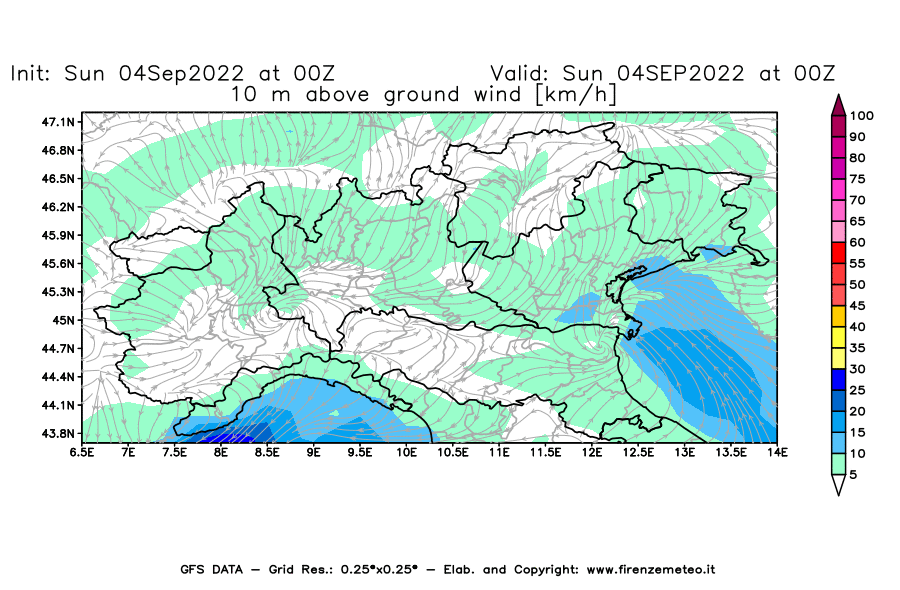 Mappa di analisi GFS - Velocità del vento a 10 metri dal suolo [km/h] in Nord-Italia
							del 04/09/2022 00 <!--googleoff: index-->UTC<!--googleon: index-->