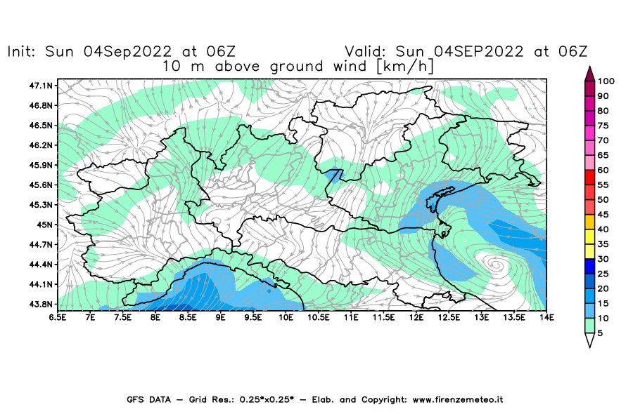Mappa di analisi GFS - Velocità del vento a 10 metri dal suolo [km/h] in Nord-Italia
							del 04/09/2022 06 <!--googleoff: index-->UTC<!--googleon: index-->
