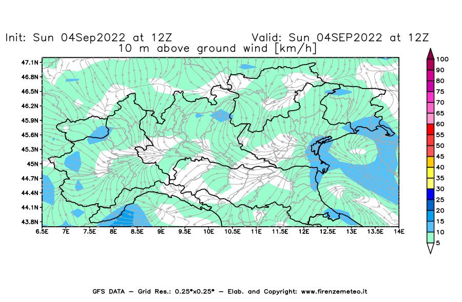 Mappa di analisi GFS - Velocità del vento a 10 metri dal suolo [km/h] in Nord-Italia
							del 04/09/2022 12 <!--googleoff: index-->UTC<!--googleon: index-->