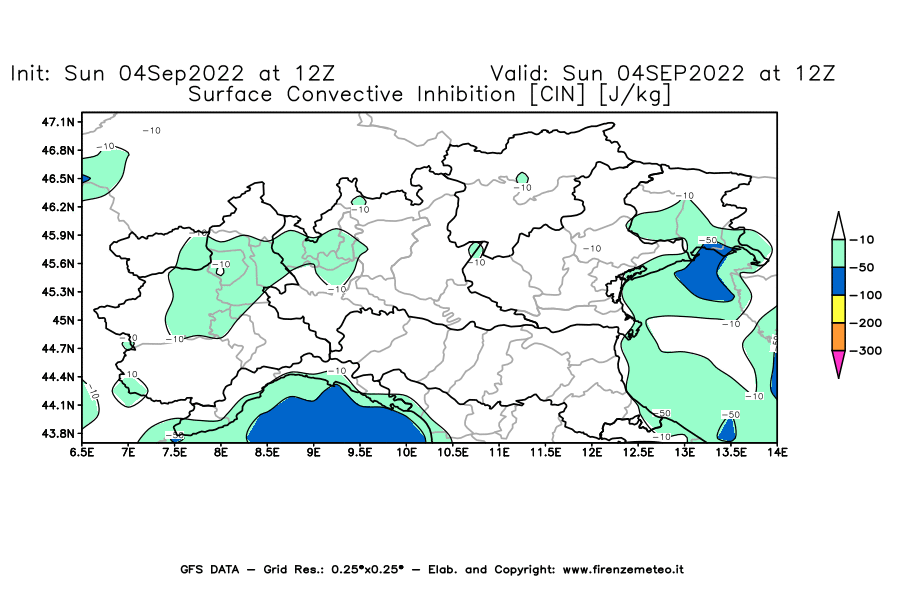 Mappa di analisi GFS - CIN [J/kg] in Nord-Italia
							del 04/09/2022 12 <!--googleoff: index-->UTC<!--googleon: index-->
