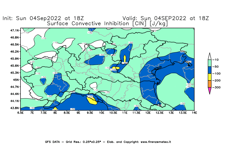 Mappa di analisi GFS - CIN [J/kg] in Nord-Italia
							del 04/09/2022 18 <!--googleoff: index-->UTC<!--googleon: index-->