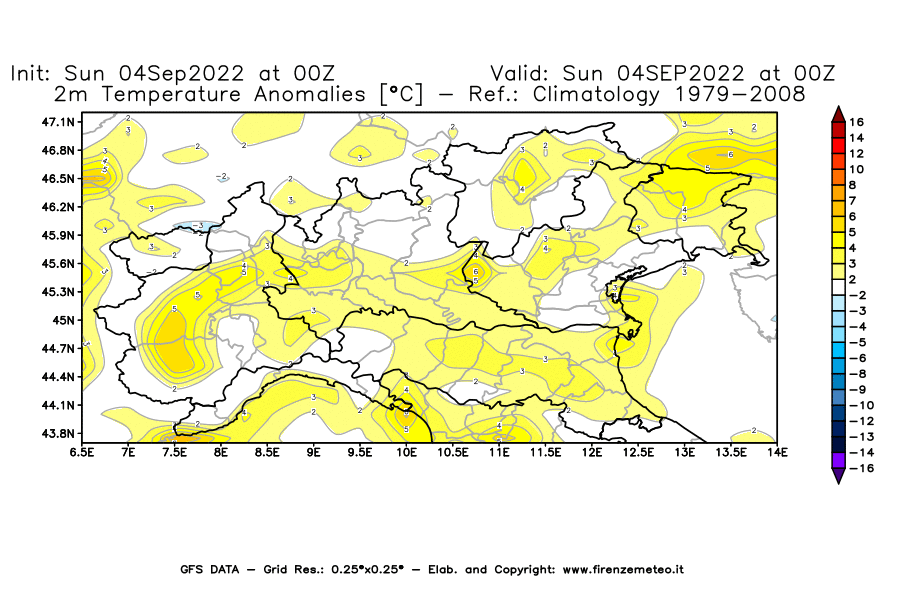 Mappa di analisi GFS - Anomalia Temperatura [°C] a 2 m in Nord-Italia
							del 04/09/2022 00 <!--googleoff: index-->UTC<!--googleon: index-->