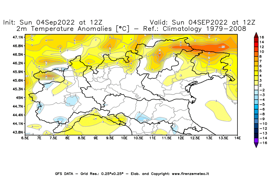 Mappa di analisi GFS - Anomalia Temperatura [°C] a 2 m in Nord-Italia
							del 04/09/2022 12 <!--googleoff: index-->UTC<!--googleon: index-->
