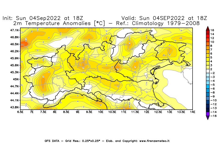 Mappa di analisi GFS - Anomalia Temperatura [°C] a 2 m in Nord-Italia
							del 04/09/2022 18 <!--googleoff: index-->UTC<!--googleon: index-->