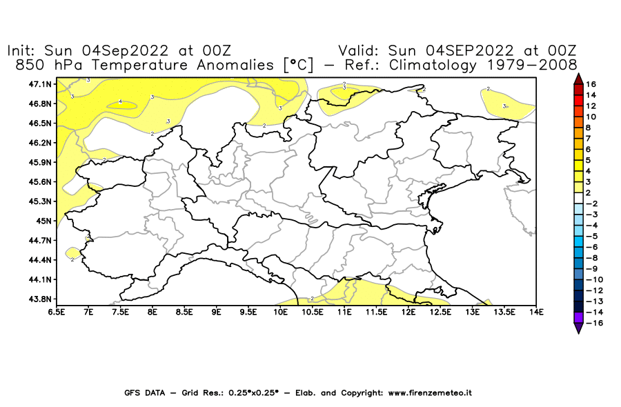 Mappa di analisi GFS - Anomalia Temperatura [°C] a 850 hPa in Nord-Italia
							del 04/09/2022 00 <!--googleoff: index-->UTC<!--googleon: index-->