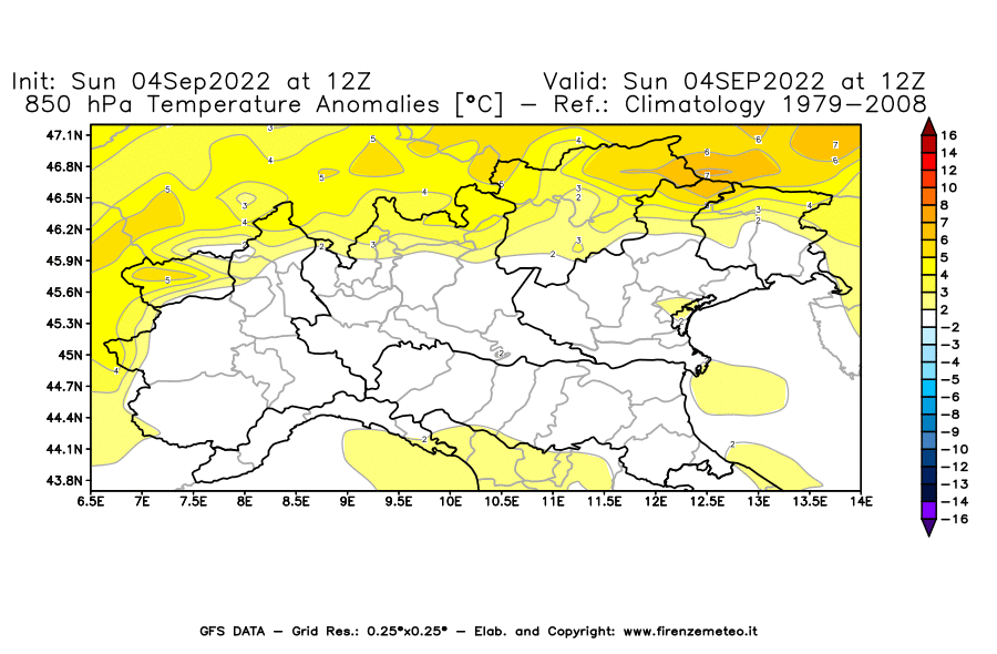 Mappa di analisi GFS - Anomalia Temperatura [°C] a 850 hPa in Nord-Italia
							del 04/09/2022 12 <!--googleoff: index-->UTC<!--googleon: index-->