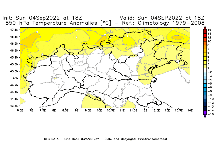 Mappa di analisi GFS - Anomalia Temperatura [°C] a 850 hPa in Nord-Italia
							del 04/09/2022 18 <!--googleoff: index-->UTC<!--googleon: index-->