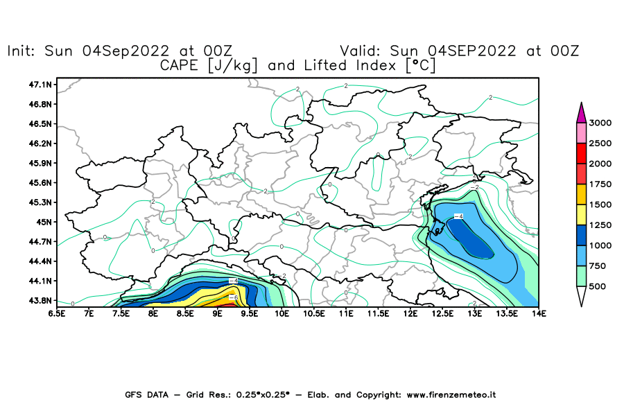 Mappa di analisi GFS - CAPE [J/kg] e Lifted Index [°C] in Nord-Italia
							del 04/09/2022 00 <!--googleoff: index-->UTC<!--googleon: index-->
