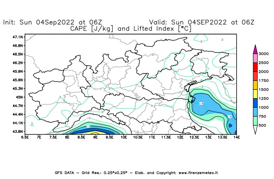 Mappa di analisi GFS - CAPE [J/kg] e Lifted Index [°C] in Nord-Italia
							del 04/09/2022 06 <!--googleoff: index-->UTC<!--googleon: index-->