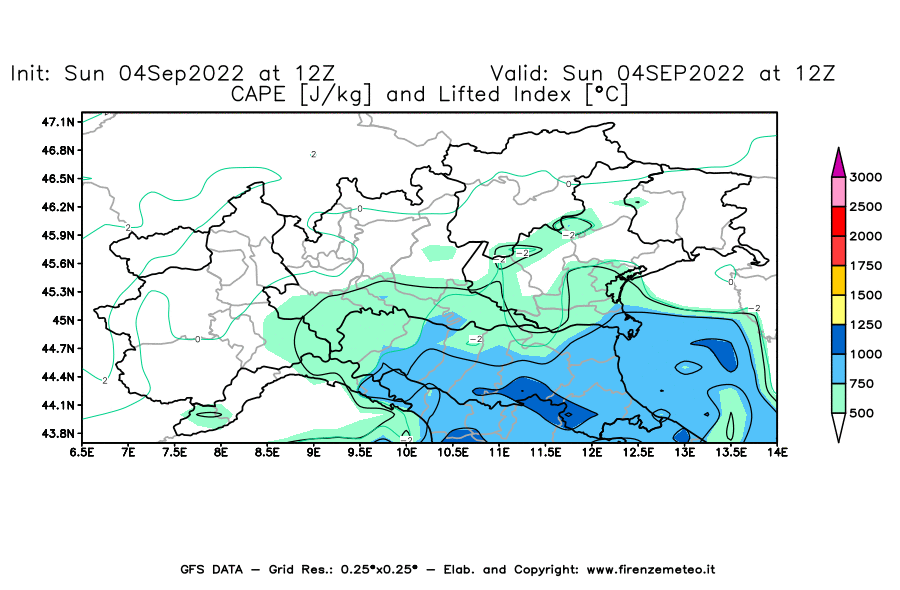 Mappa di analisi GFS - CAPE [J/kg] e Lifted Index [°C] in Nord-Italia
							del 04/09/2022 12 <!--googleoff: index-->UTC<!--googleon: index-->