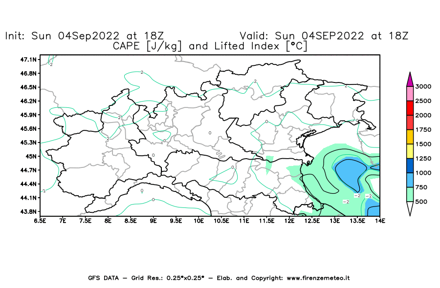 Mappa di analisi GFS - CAPE [J/kg] e Lifted Index [°C] in Nord-Italia
							del 04/09/2022 18 <!--googleoff: index-->UTC<!--googleon: index-->