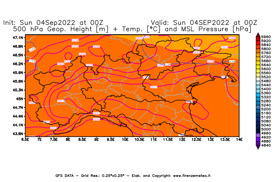 Mappa di analisi GFS - Geopotenziale [m] + Temp. [°C] a 500 hPa + Press. a livello del mare [hPa] in Nord-Italia
							del 04/09/2022 00 <!--googleoff: index-->UTC<!--googleon: index-->