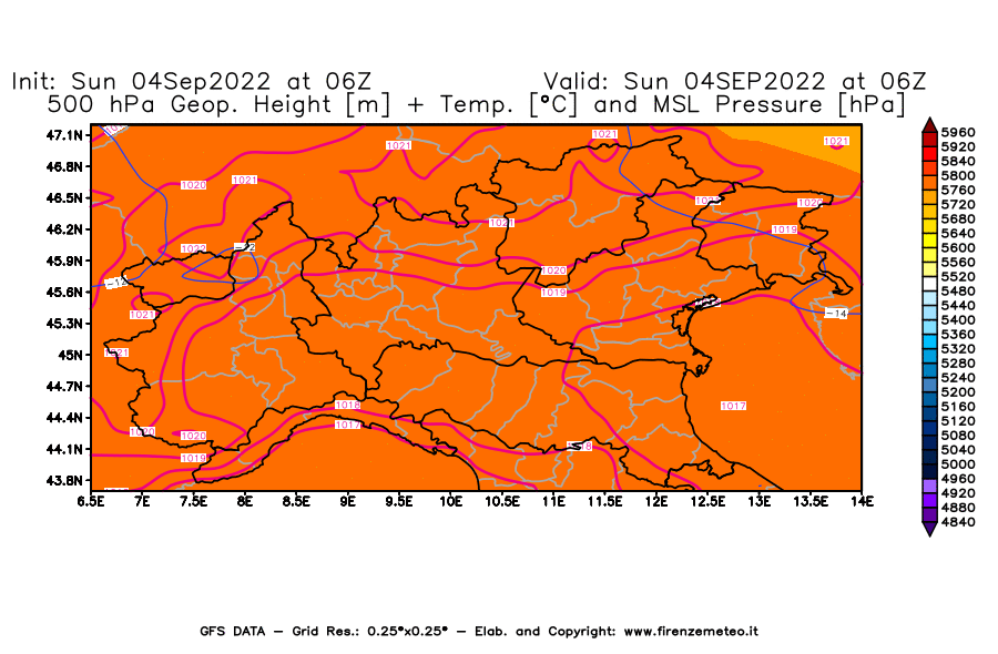 Mappa di analisi GFS - Geopotenziale [m] + Temp. [°C] a 500 hPa + Press. a livello del mare [hPa] in Nord-Italia
							del 04/09/2022 06 <!--googleoff: index-->UTC<!--googleon: index-->
