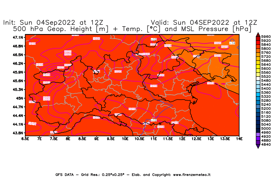 Mappa di analisi GFS - Geopotenziale [m] + Temp. [°C] a 500 hPa + Press. a livello del mare [hPa] in Nord-Italia
							del 04/09/2022 12 <!--googleoff: index-->UTC<!--googleon: index-->