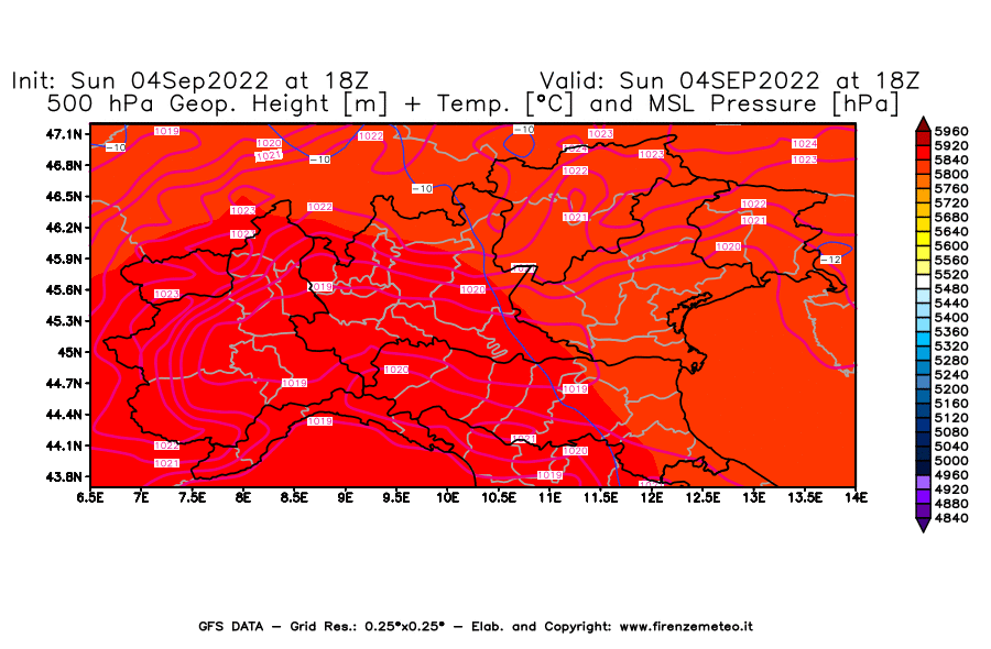 Mappa di analisi GFS - Geopotenziale [m] + Temp. [°C] a 500 hPa + Press. a livello del mare [hPa] in Nord-Italia
							del 04/09/2022 18 <!--googleoff: index-->UTC<!--googleon: index-->