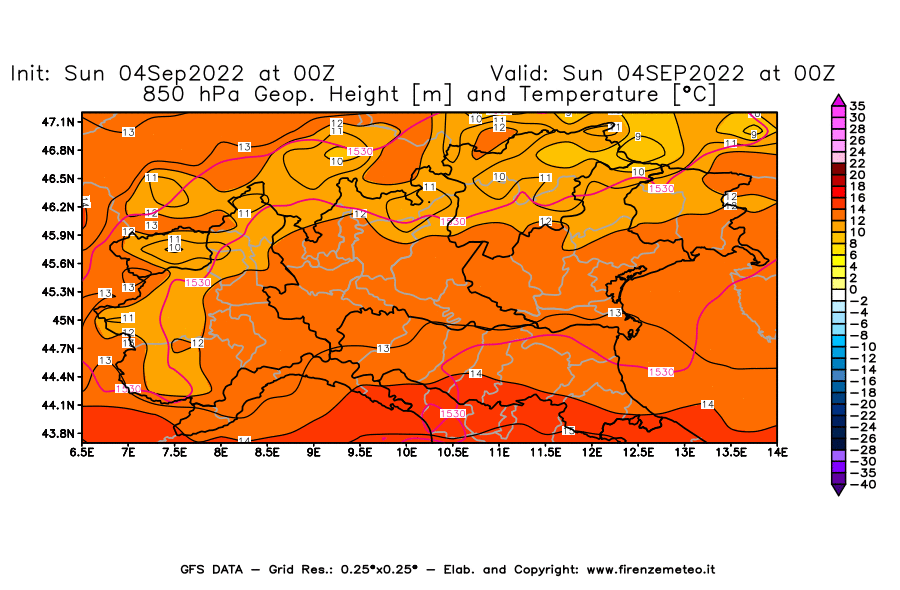 Mappa di analisi GFS - Geopotenziale [m] e Temperatura [°C] a 850 hPa in Nord-Italia
							del 04/09/2022 00 <!--googleoff: index-->UTC<!--googleon: index-->