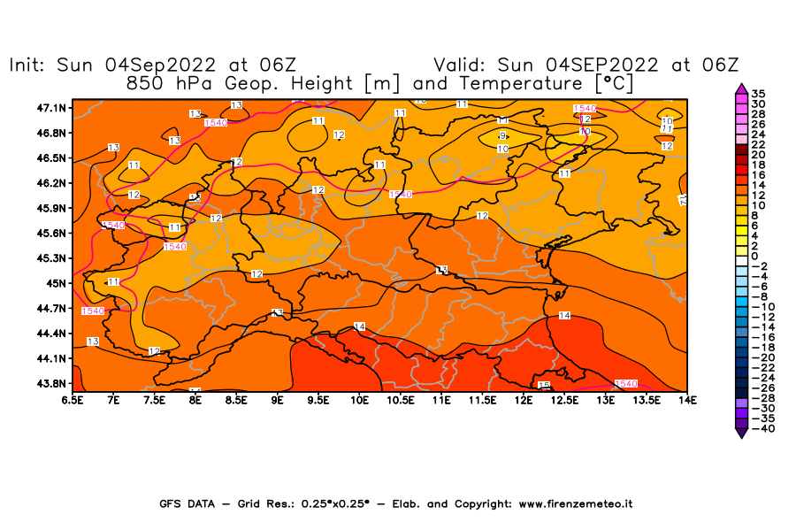Mappa di analisi GFS - Geopotenziale [m] e Temperatura [°C] a 850 hPa in Nord-Italia
							del 04/09/2022 06 <!--googleoff: index-->UTC<!--googleon: index-->