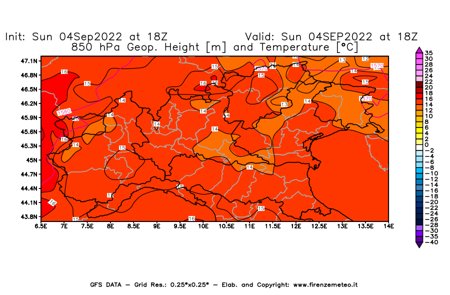 Mappa di analisi GFS - Geopotenziale [m] e Temperatura [°C] a 850 hPa in Nord-Italia
							del 04/09/2022 18 <!--googleoff: index-->UTC<!--googleon: index-->