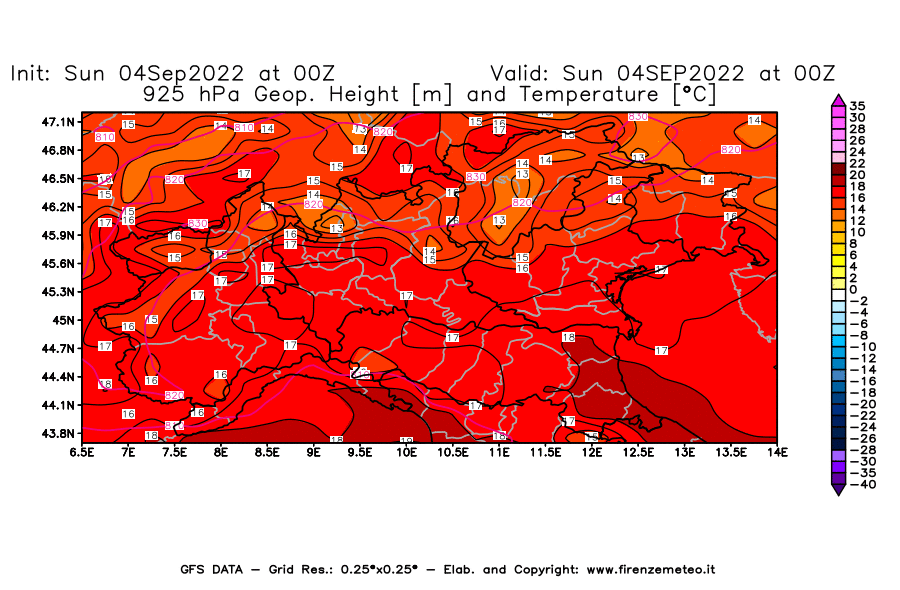 Mappa di analisi GFS - Geopotenziale [m] e Temperatura [°C] a 925 hPa in Nord-Italia
							del 04/09/2022 00 <!--googleoff: index-->UTC<!--googleon: index-->