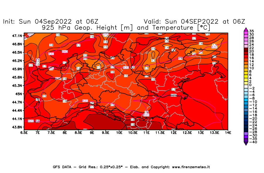 Mappa di analisi GFS - Geopotenziale [m] e Temperatura [°C] a 925 hPa in Nord-Italia
							del 04/09/2022 06 <!--googleoff: index-->UTC<!--googleon: index-->