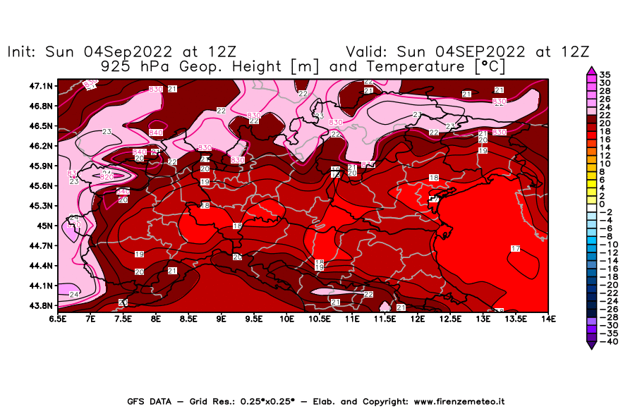 Mappa di analisi GFS - Geopotenziale [m] e Temperatura [°C] a 925 hPa in Nord-Italia
							del 04/09/2022 12 <!--googleoff: index-->UTC<!--googleon: index-->