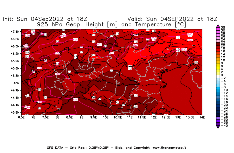 Mappa di analisi GFS - Geopotenziale [m] e Temperatura [°C] a 925 hPa in Nord-Italia
							del 04/09/2022 18 <!--googleoff: index-->UTC<!--googleon: index-->