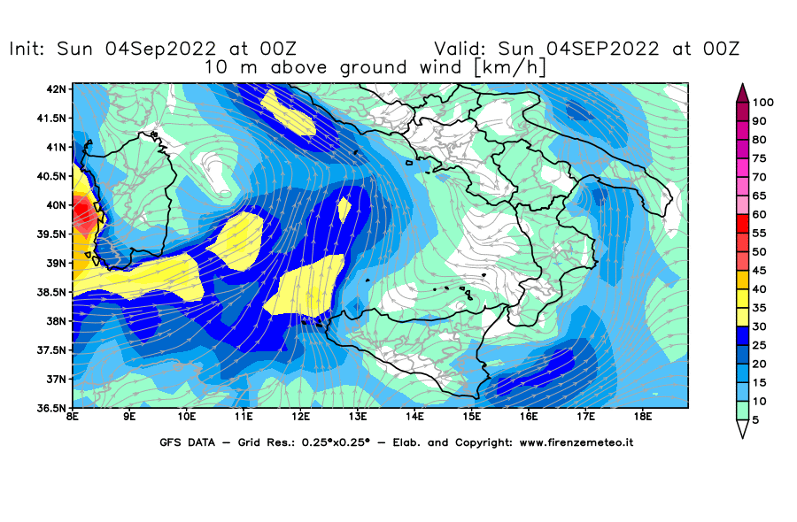 Mappa di analisi GFS - Velocità del vento a 10 metri dal suolo [km/h] in Sud-Italia
							del 04/09/2022 00 <!--googleoff: index-->UTC<!--googleon: index-->