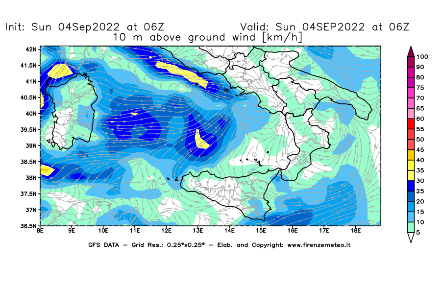 Mappa di analisi GFS - Velocità del vento a 10 metri dal suolo [km/h] in Sud-Italia
							del 04/09/2022 06 <!--googleoff: index-->UTC<!--googleon: index-->