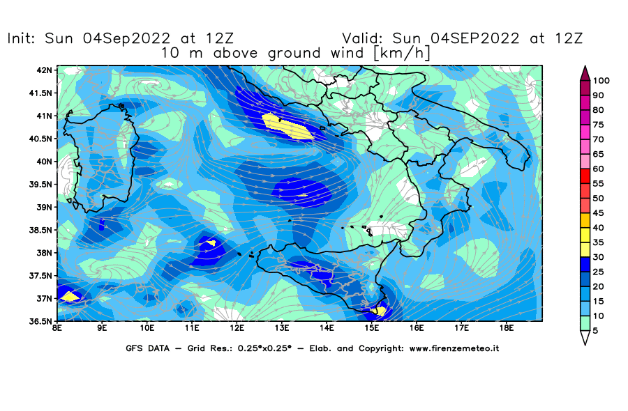 Mappa di analisi GFS - Velocità del vento a 10 metri dal suolo [km/h] in Sud-Italia
							del 04/09/2022 12 <!--googleoff: index-->UTC<!--googleon: index-->