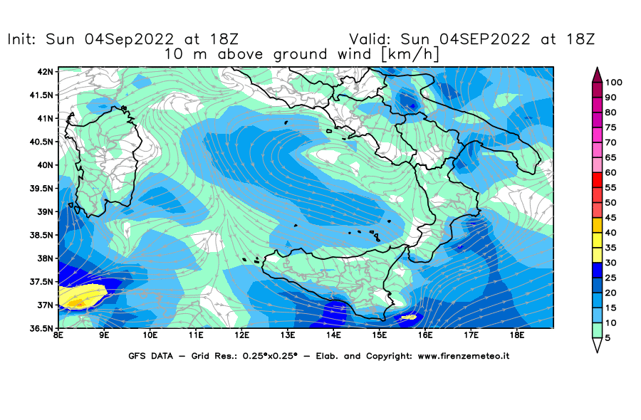 Mappa di analisi GFS - Velocità del vento a 10 metri dal suolo [km/h] in Sud-Italia
							del 04/09/2022 18 <!--googleoff: index-->UTC<!--googleon: index-->
