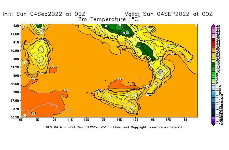 Mappa di analisi GFS - Temperatura a 2 metri dal suolo [°C] in Sud-Italia
							del 04/09/2022 00 <!--googleoff: index-->UTC<!--googleon: index-->