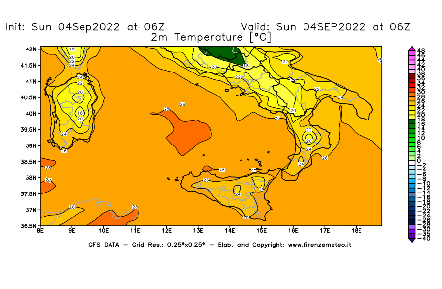 Mappa di analisi GFS - Temperatura a 2 metri dal suolo [°C] in Sud-Italia
							del 04/09/2022 06 <!--googleoff: index-->UTC<!--googleon: index-->