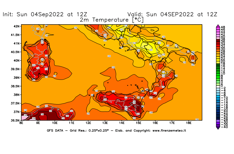 Mappa di analisi GFS - Temperatura a 2 metri dal suolo [°C] in Sud-Italia
							del 04/09/2022 12 <!--googleoff: index-->UTC<!--googleon: index-->